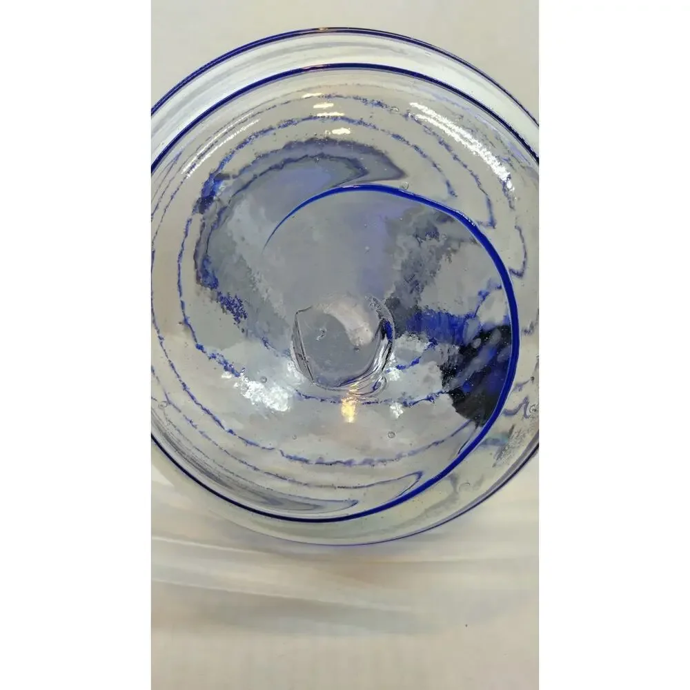 Hand Blown Cobalt & Clear Glass Swirl Pitcher & Glasses 7 Pc Set Made in Mexico